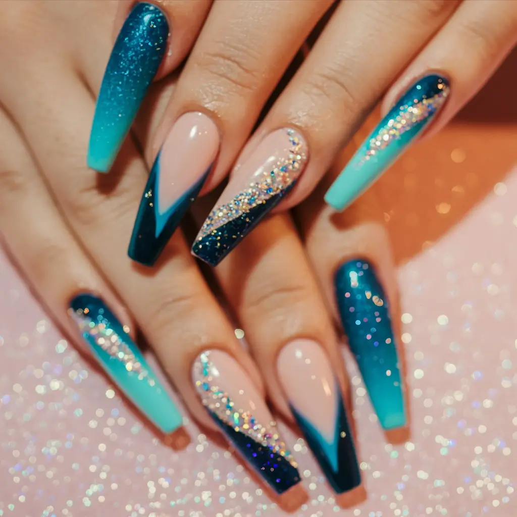 blue nails summer aesthetic Ocean Sparkle Meets Geometric Glam