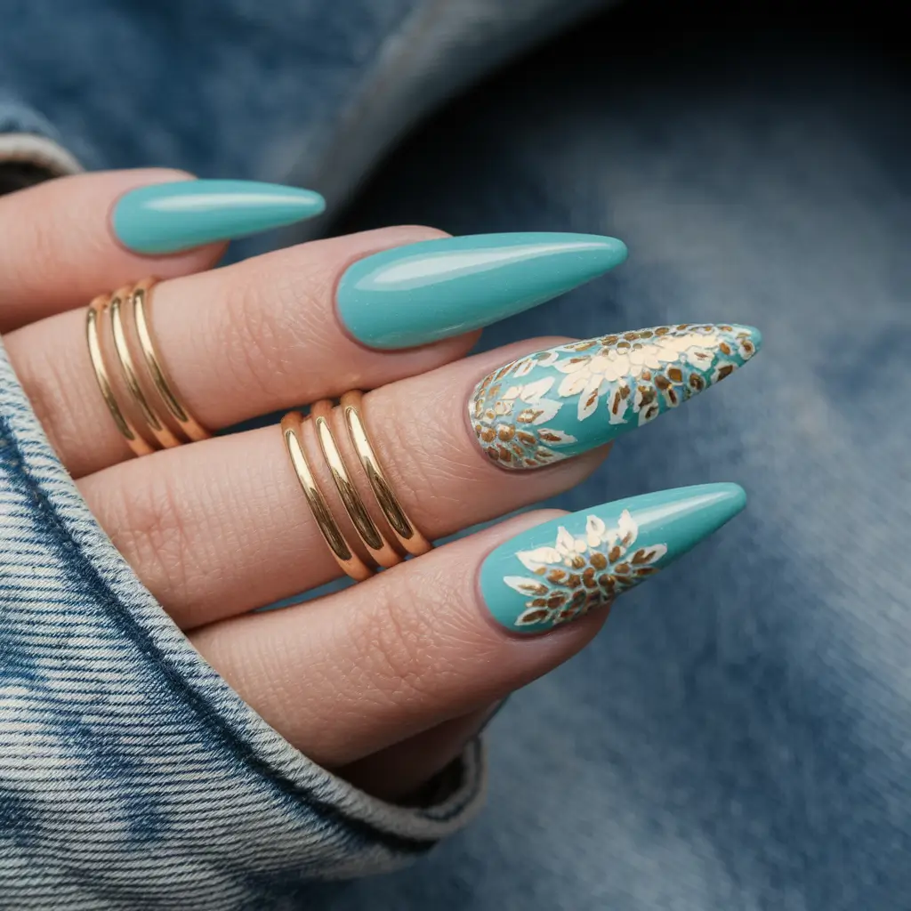 blue nails summer flower Golden Florals on Tropical Blue