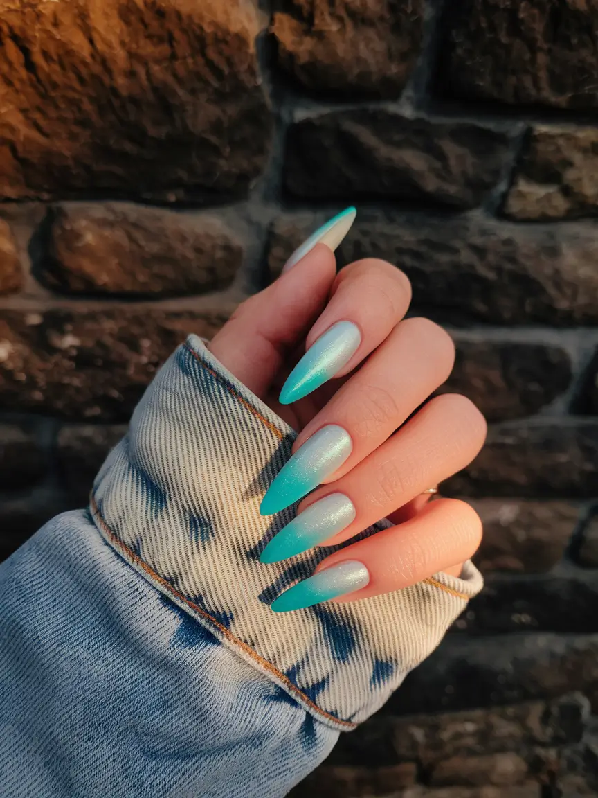 blue nails summer aesthetic Ocean Frost Stiletto Elegance