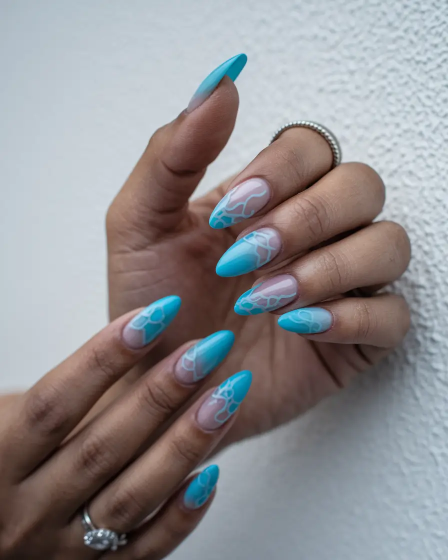 blue nails summer almond Poolside Splash with Abstract Detail