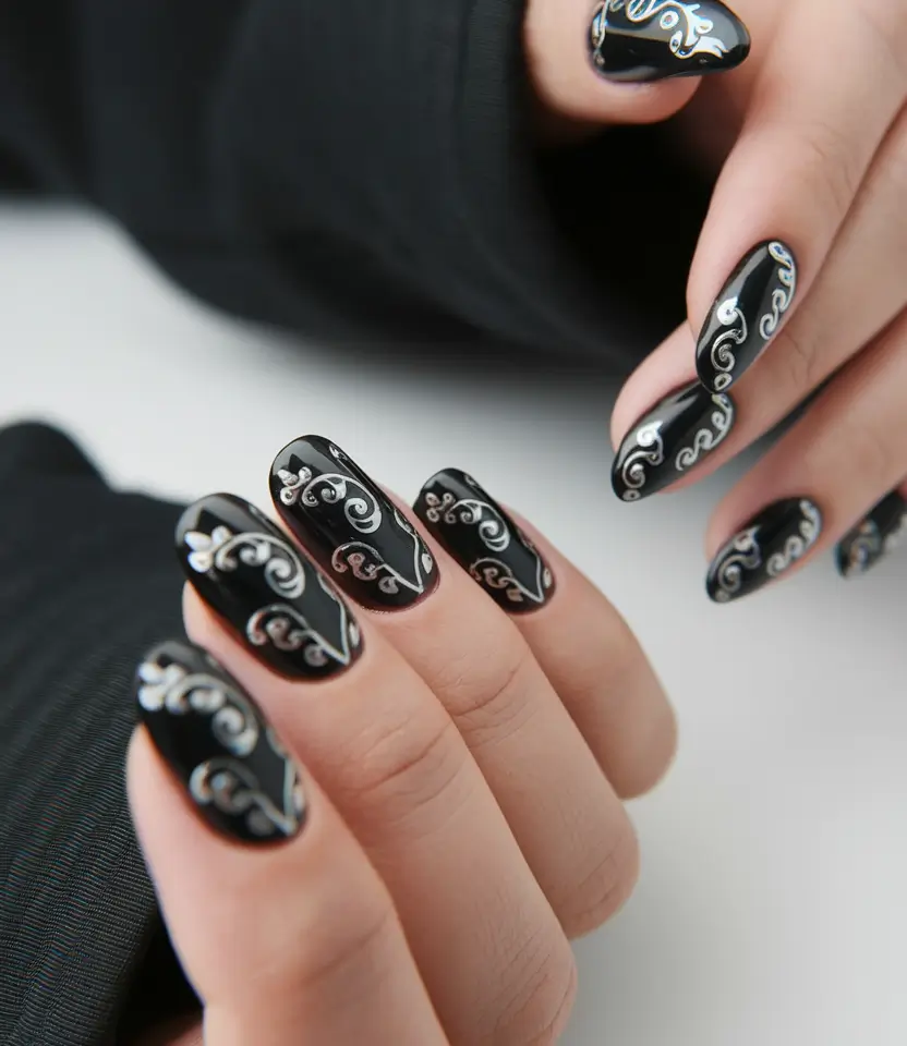 Classy Summer Nails for a Chic 2025 Look+Black Baroque Swirls on Glossy Almonds
