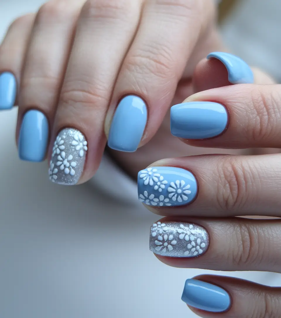 Classy Summer Nails for a Chic 2025 Look+Sky Blue with White Petal Accents