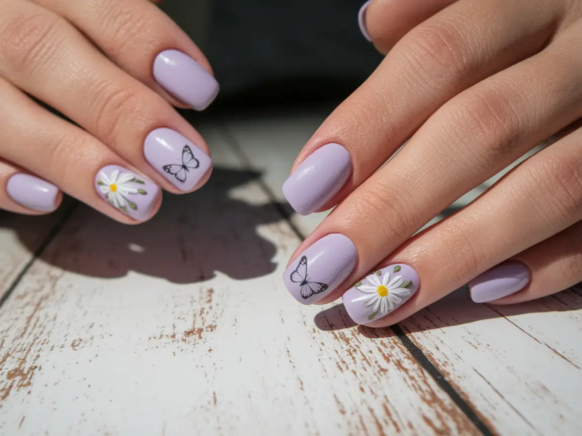 Classy Summer Nails for a Chic 2025 Look+Lavender Butterflies & Daisies