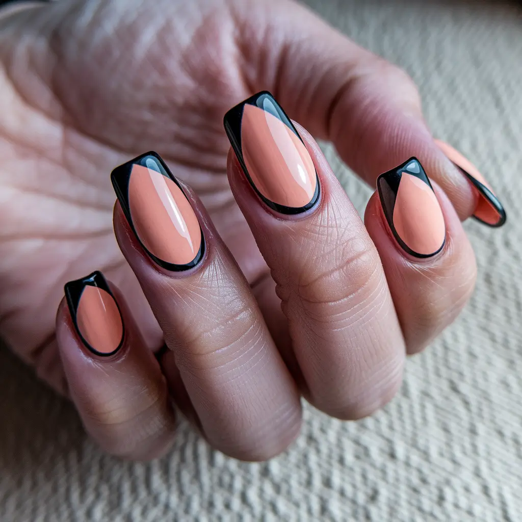 Classy Summer Nails for a Chic 2025 Look+Peach & Black Outline Art