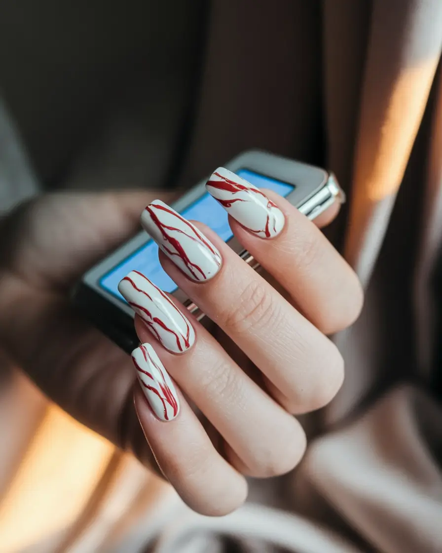 classy summer nails Red Veins on Porcelain White