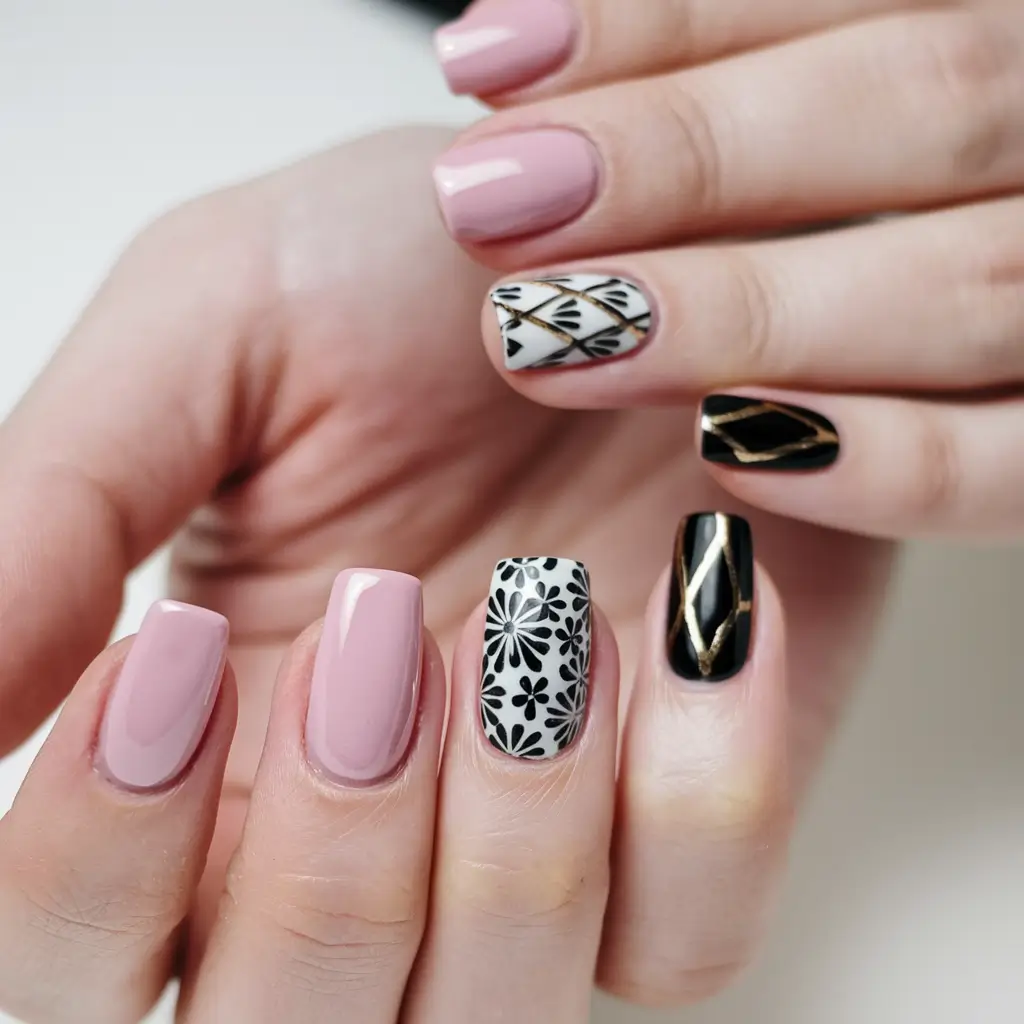 classy summer nails Designs Geometric Noir Meets Blush Harmony