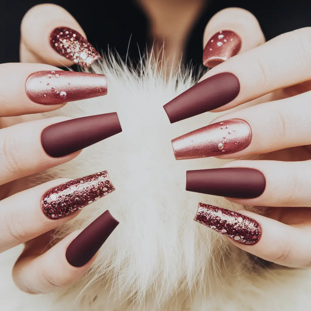 coffin nails summer design Velvety Burgundy Drama with Glitter Accents