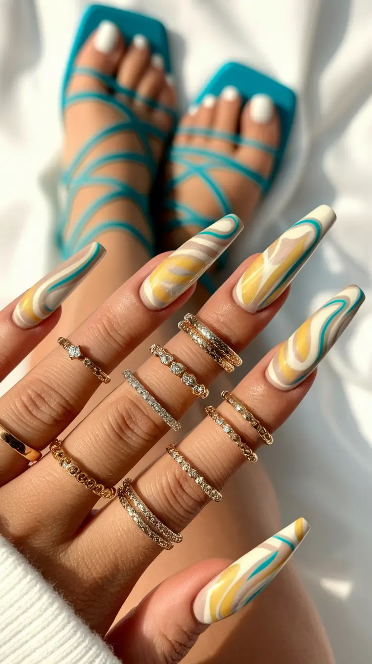 coffin nails summer blue Ice Queen Blues with Sparkling Confetti