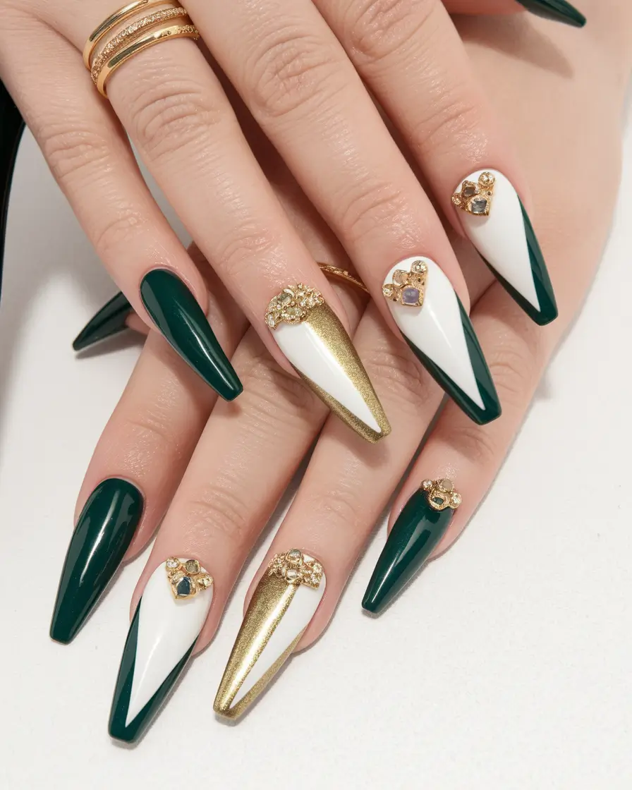 coffin nails summer design Glam Emerald & Gold Coffin Nails