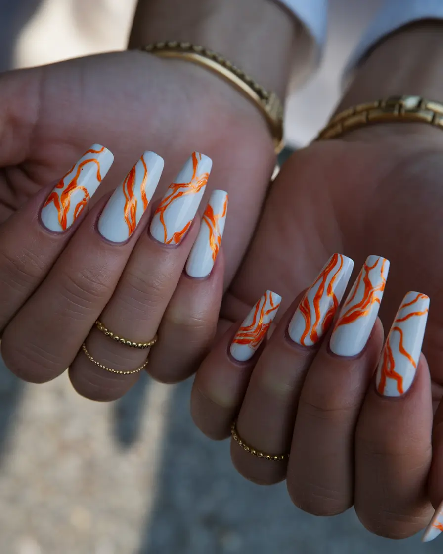 coffin nails summer design Neon Fire Marble Coffin Nails