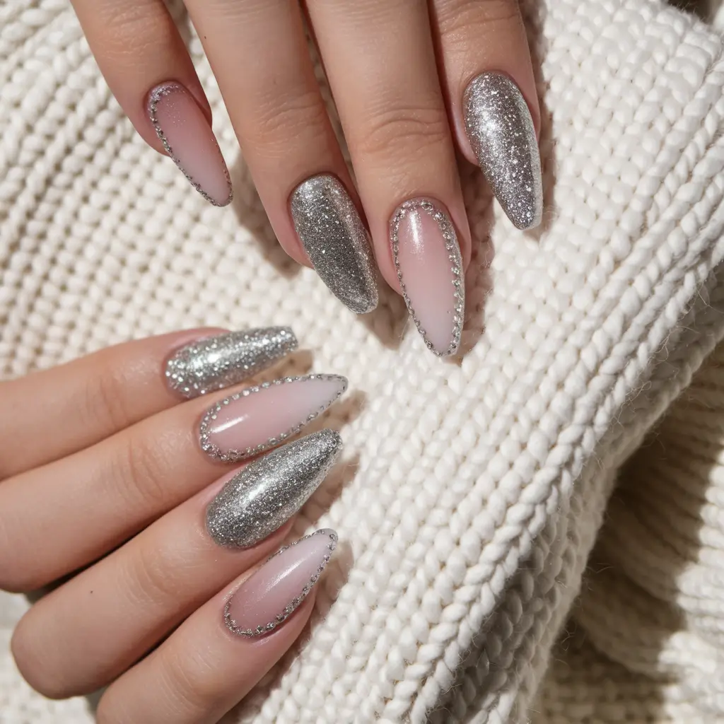 coffin nails summer colors Silver Siren Sparkle with Nude Framing