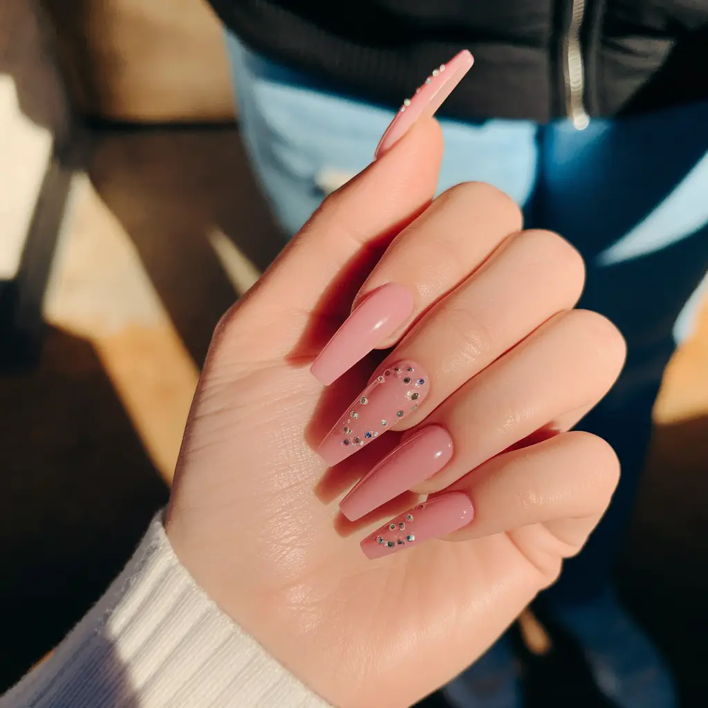 coffin nails summer pink Glossy Baby Pink with Delicate Rhinestone Charm