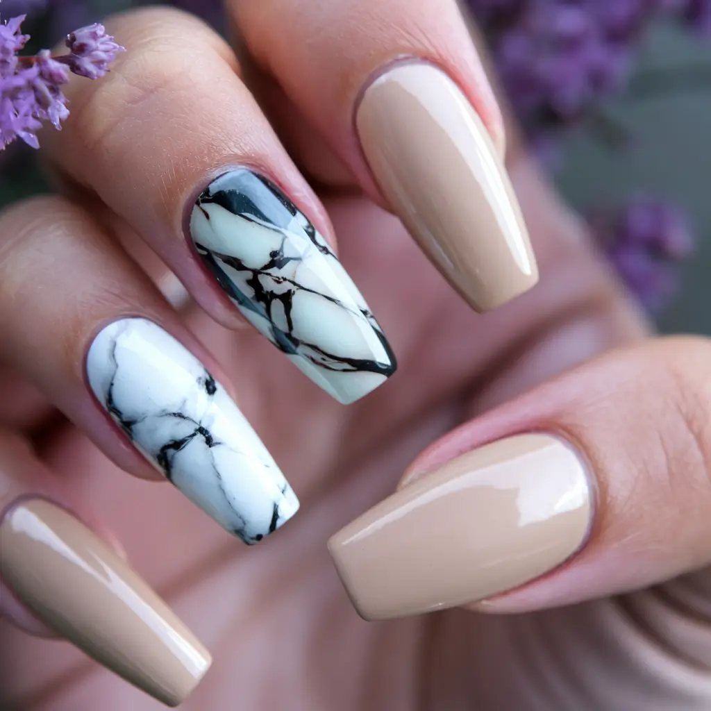 coffin nails summer design Marble Neutral Magic with Creamy Taupe