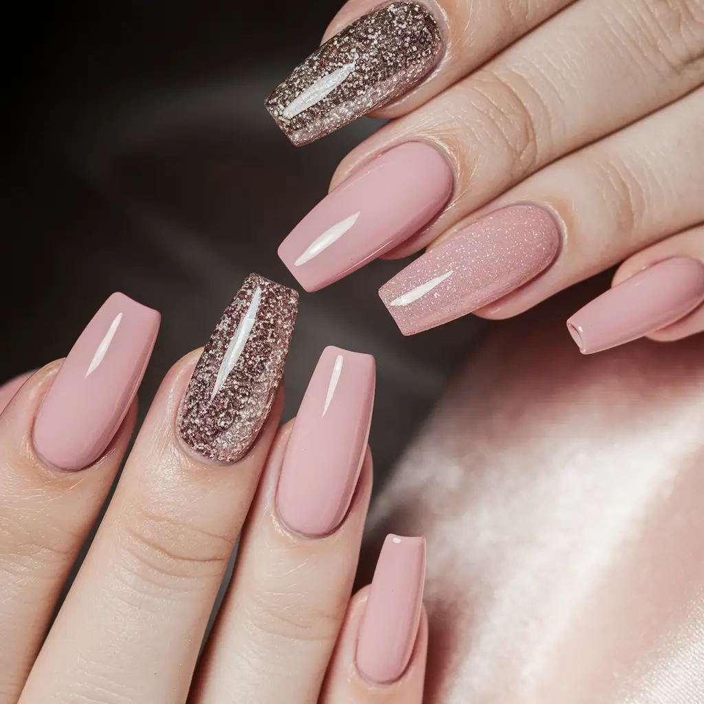 coffin nails summer Muted Pink & Glitter Contrast