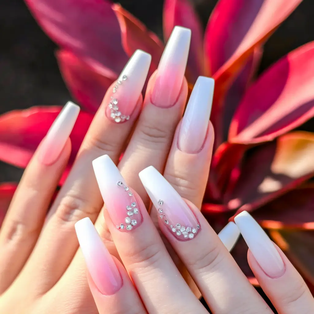coffin nails summer french tip White & Pink Ombre with Sparkling Accents