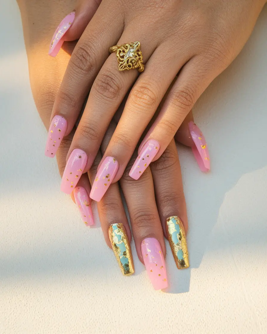 coffin nails summer design Gilded Glamour Meets Soft Pink
