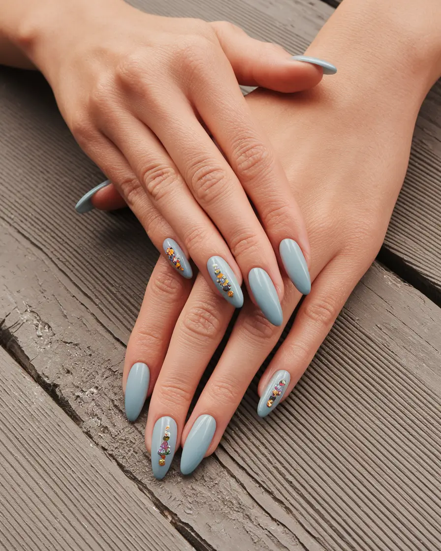 coffin nails summer colors Dusty Blue Elegance with Gem Lining