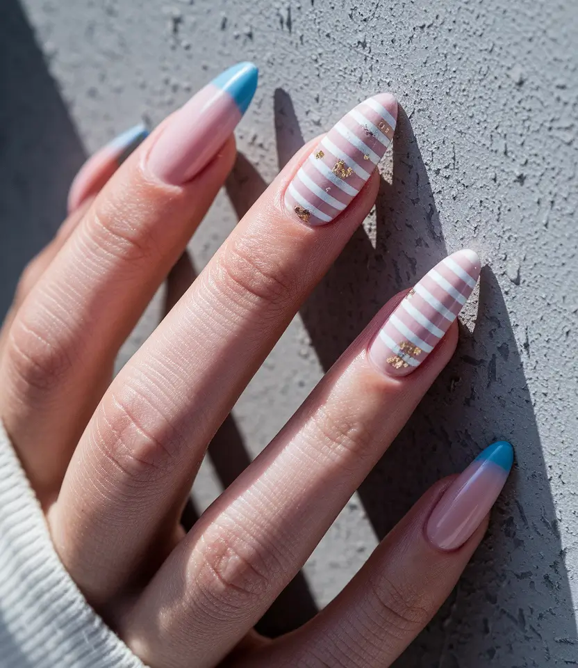 colorful summer nails Playful Pastel Stripes with Gold Accents
