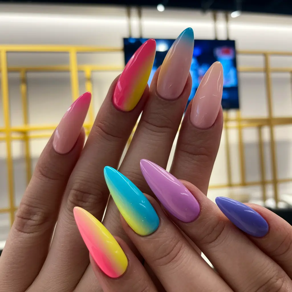 colorful summer nails Neon Fade Meets Tropical Pop