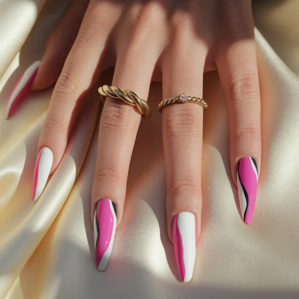 colorful summer nails Hot Pink Wave Lines on White