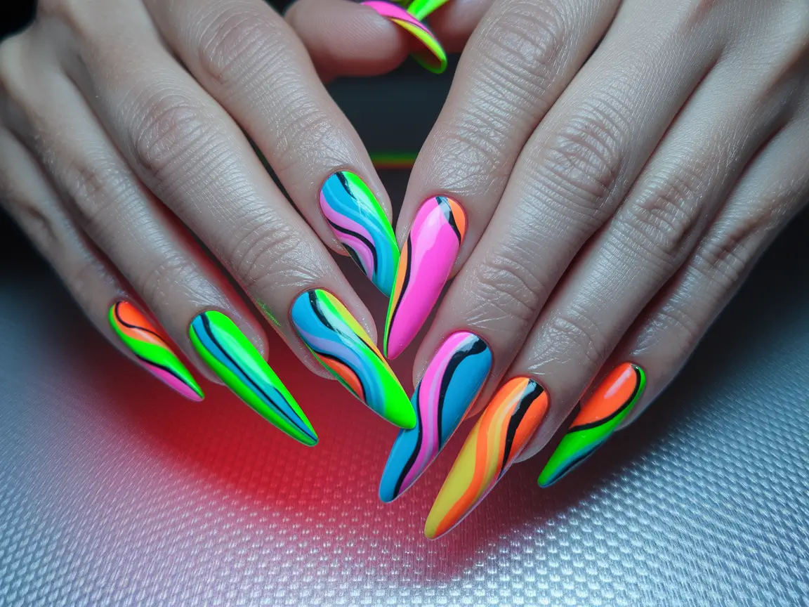 colorful summer nails Neon Psychedelic Flame Swirls
