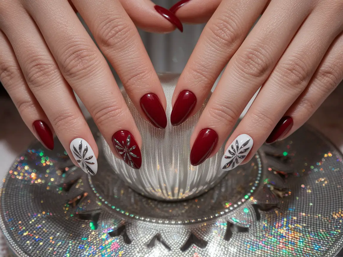 colorful summer nails Cherry Wine Elegance with Silver Florals