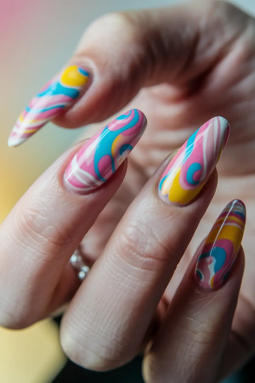 colorful summer nails acrylic almond Psychedelic Swirls in a Retro Candy Mix