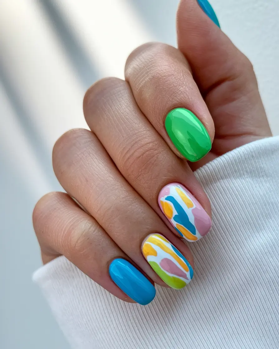 colorful summer nails short Abstract Color Blocking on a Tropical Base