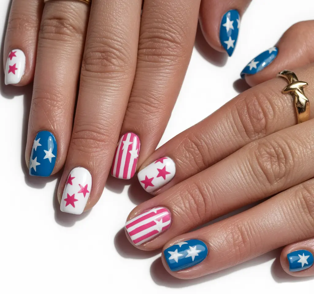 cute diy 4th of july nails Pink and Blue Stars Combo