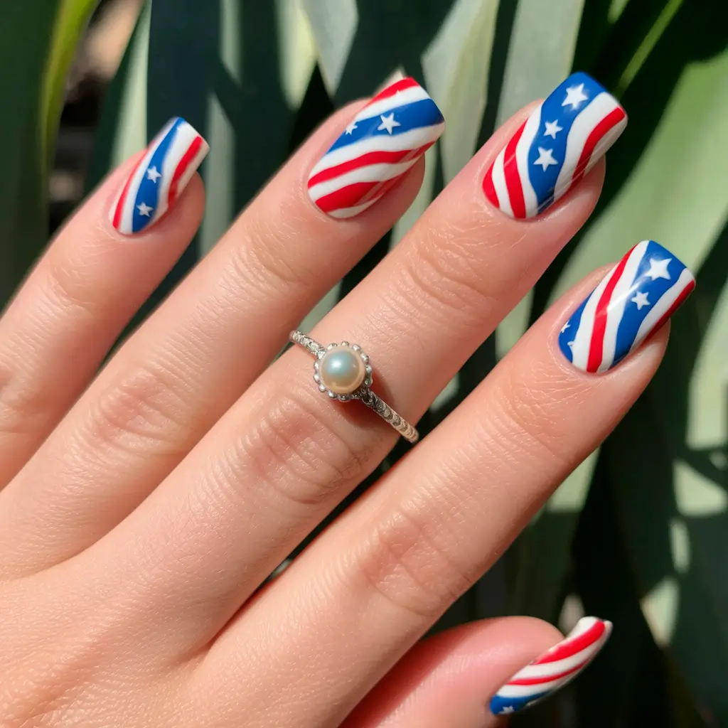 Easy & Cute July 4th Nails for 2025 - Patriotic Swirls with Silver Accents