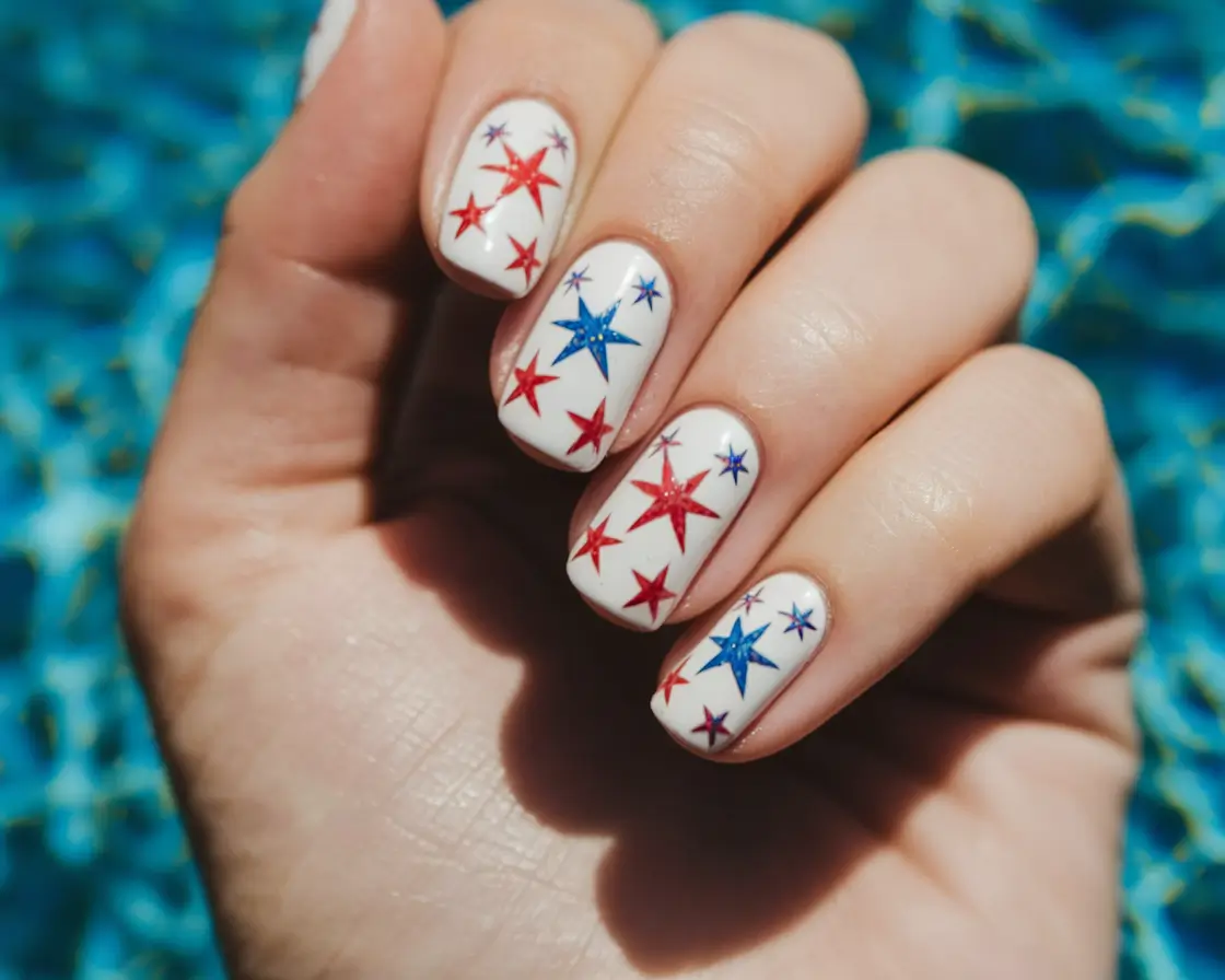 Easy & Cute July 4th Nails for 2025 Layered Stars on a Soft Pink Base