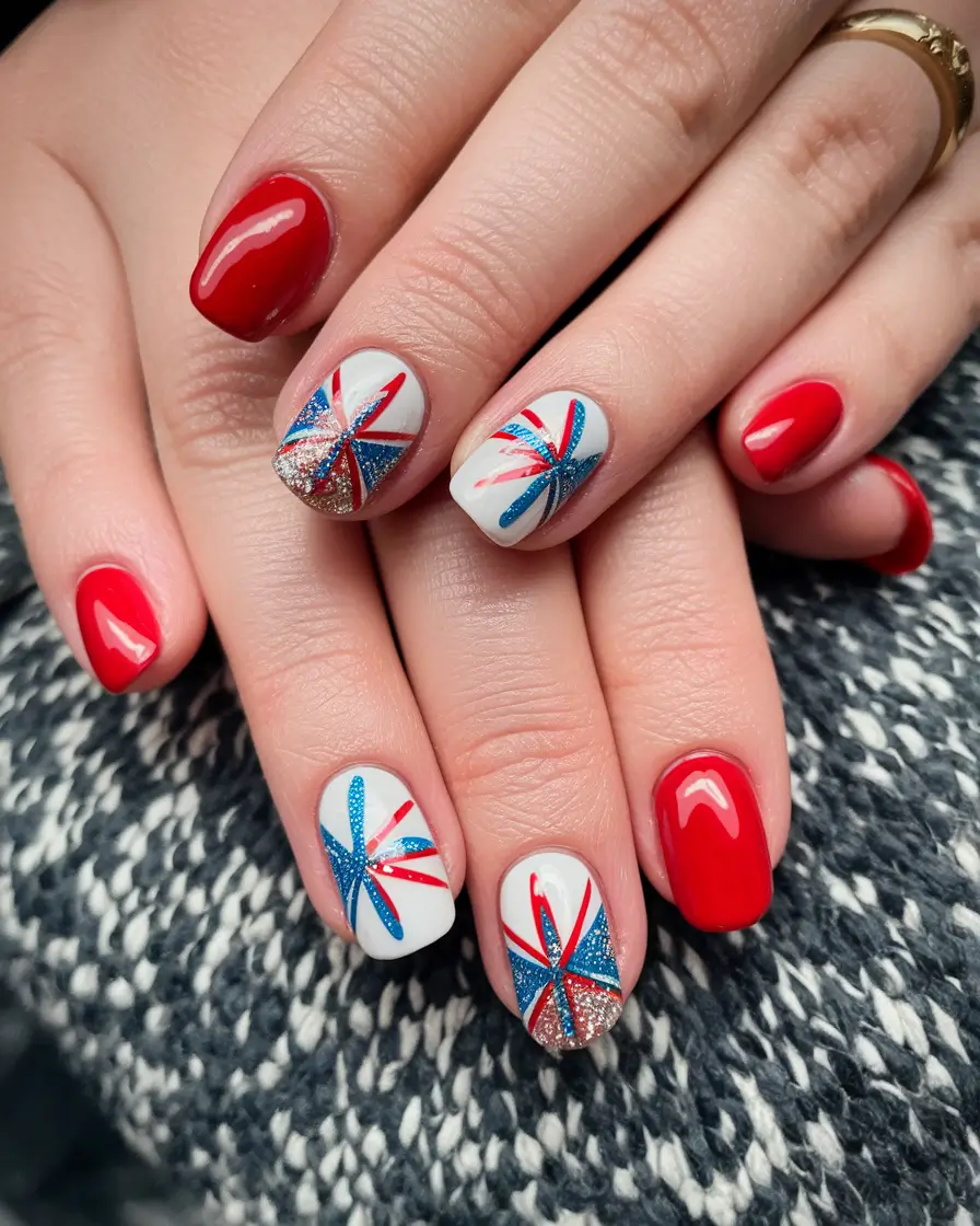 Easy & Cute July 4th Nails for 2025 Red Fireworks Burst