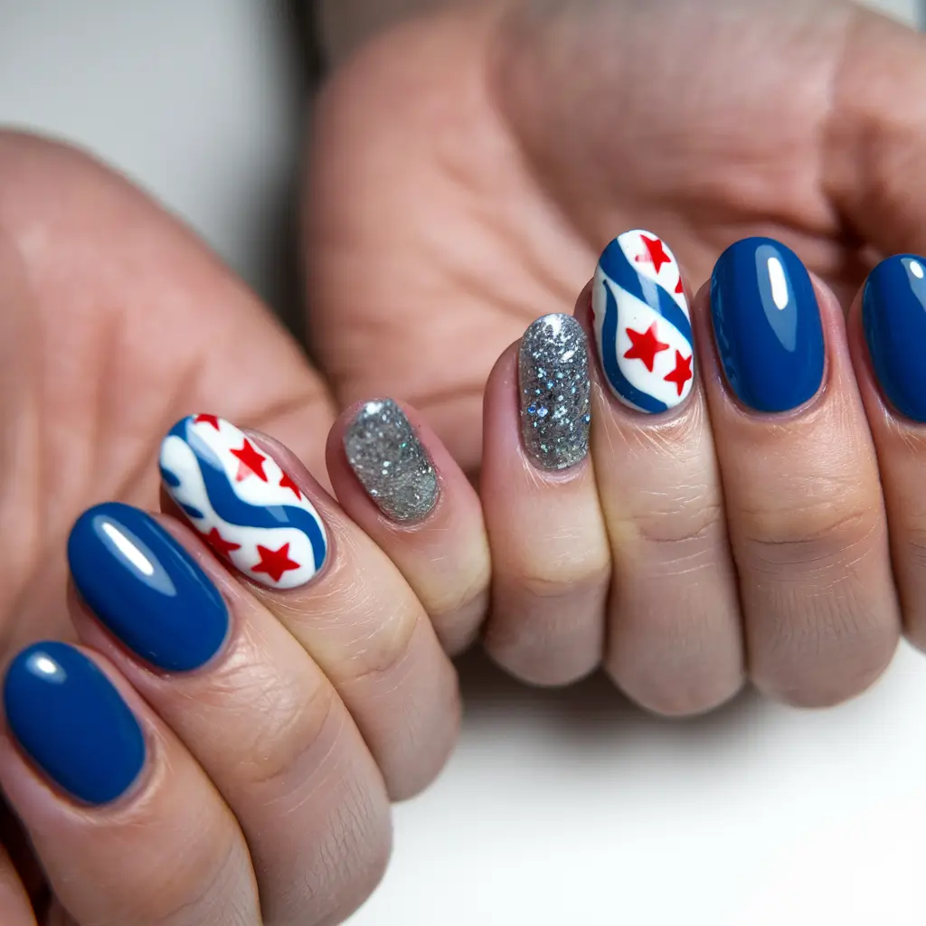Easy & Cute July 4th Nails for 2025 Shimmering Waves with a Pop of Stars