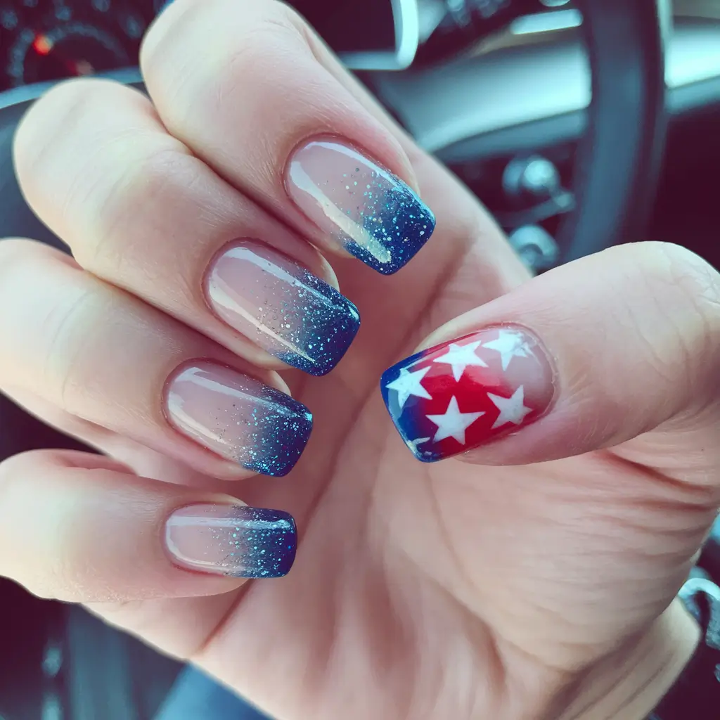 easy cute 4th of july nails Stars and Blue Sparkle Ombre