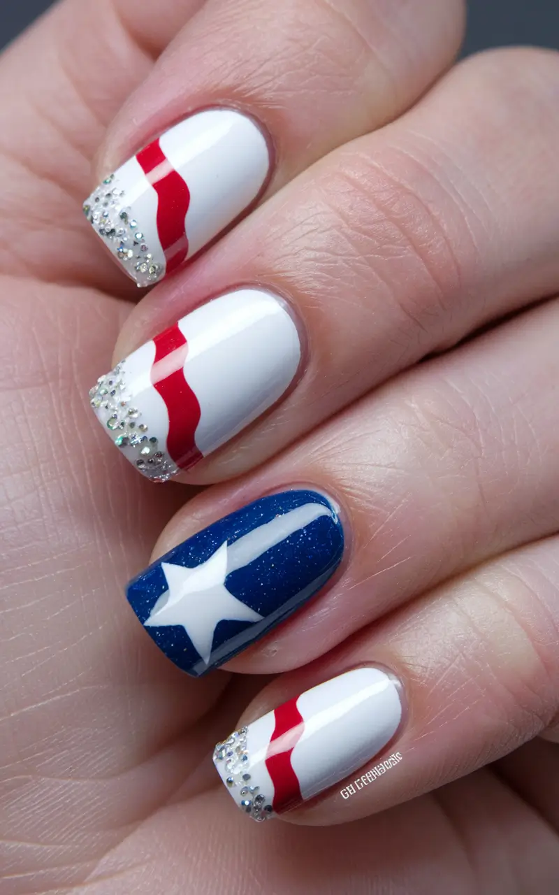 cute 4th of july nails acrylic Red, White, and Blue Glitter Stripes