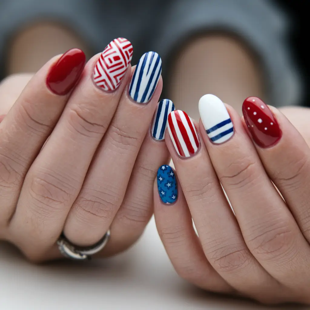 cute 4th of july nails for teens Stripes, Dots, and Stars Mix
