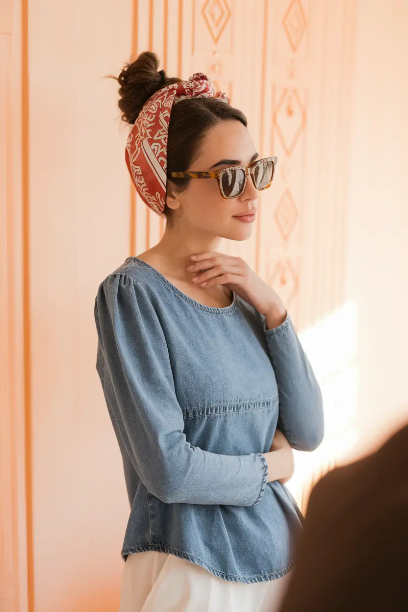 Easy & Cute July Hairstyles for 2025 - Soft Top Knot with Retro Bandana Vibe