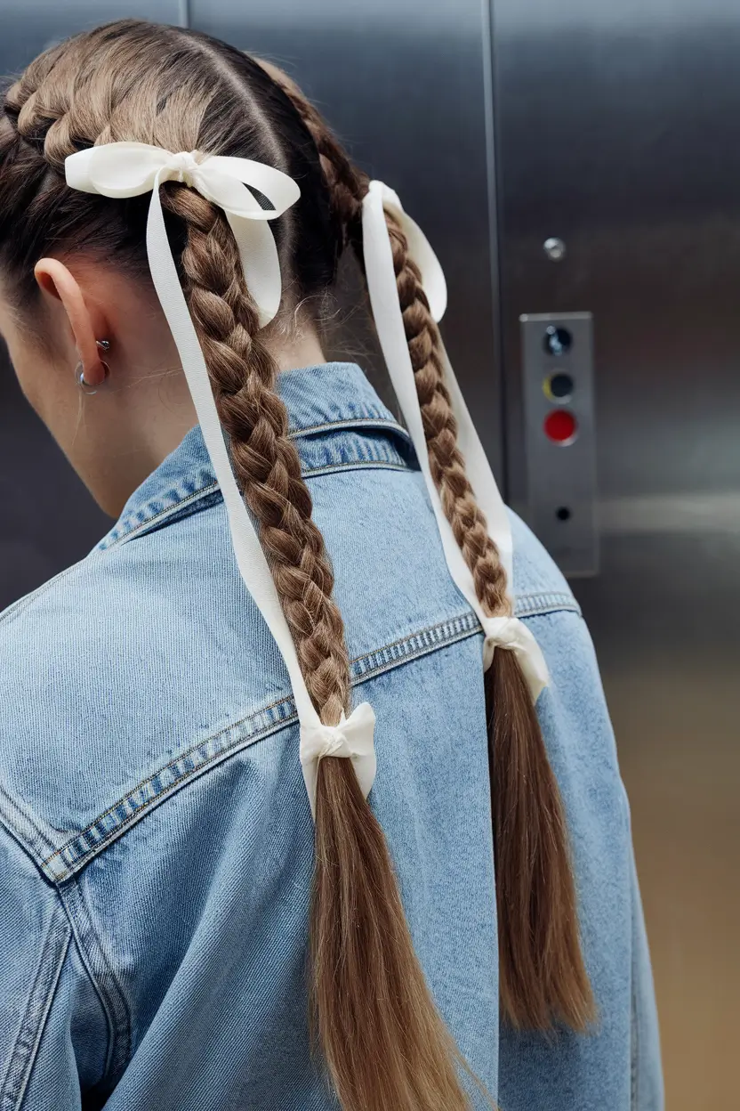 Easy & Cute July Hairstyles for 2025 - Classic Twin Braids with Cream Ribbon Details