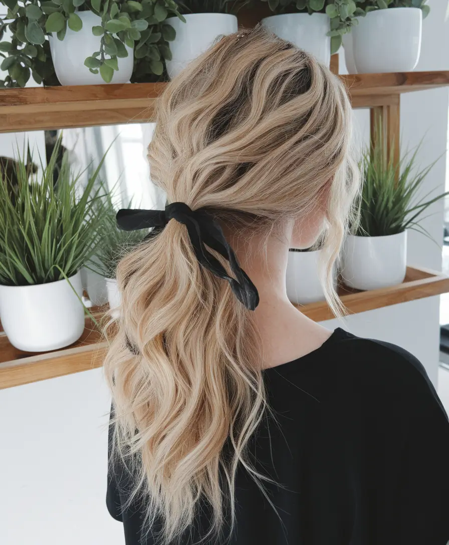 Easy & Cute July Hairstyles for 2025 - Loose Ribbon Ponytail with Soft Beach Waves