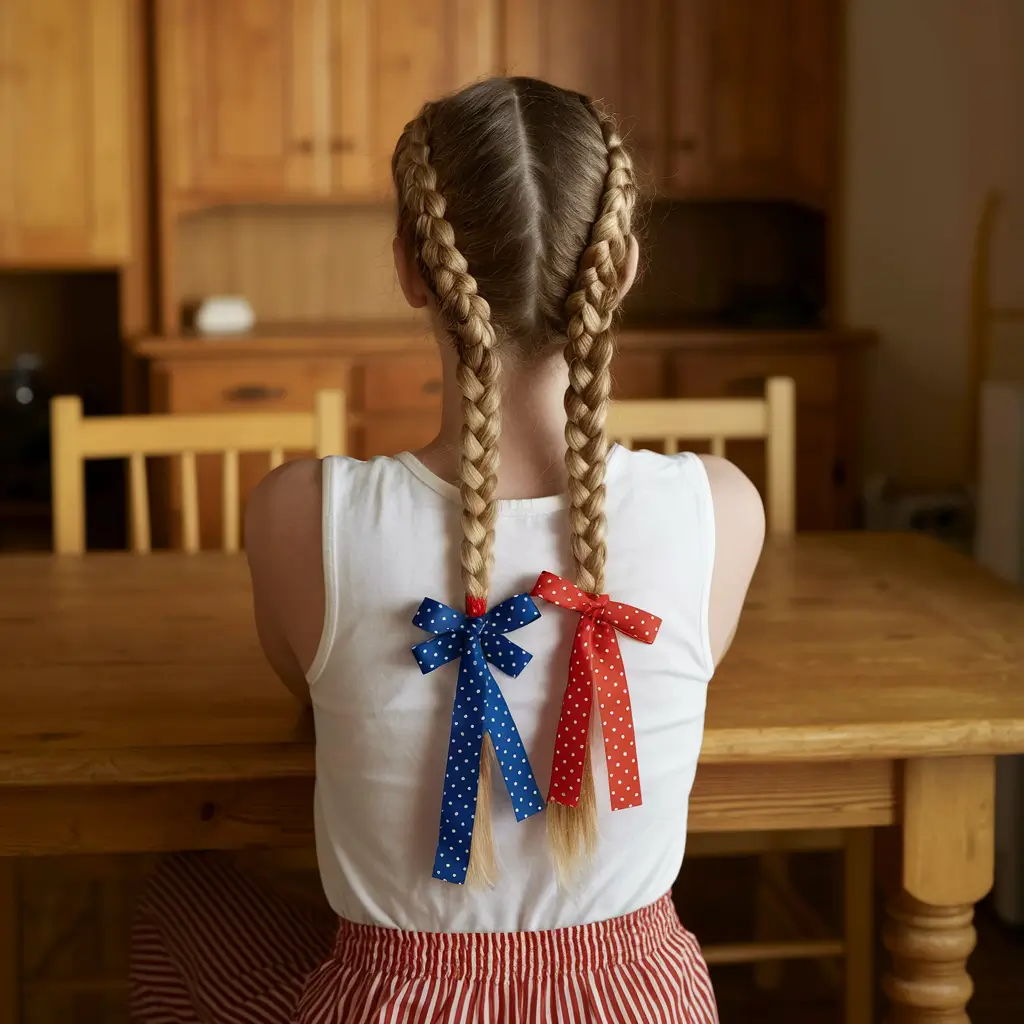 cute 4th of july hairstyles for kids easy Double Braids with Patriotic Ribbon Accents