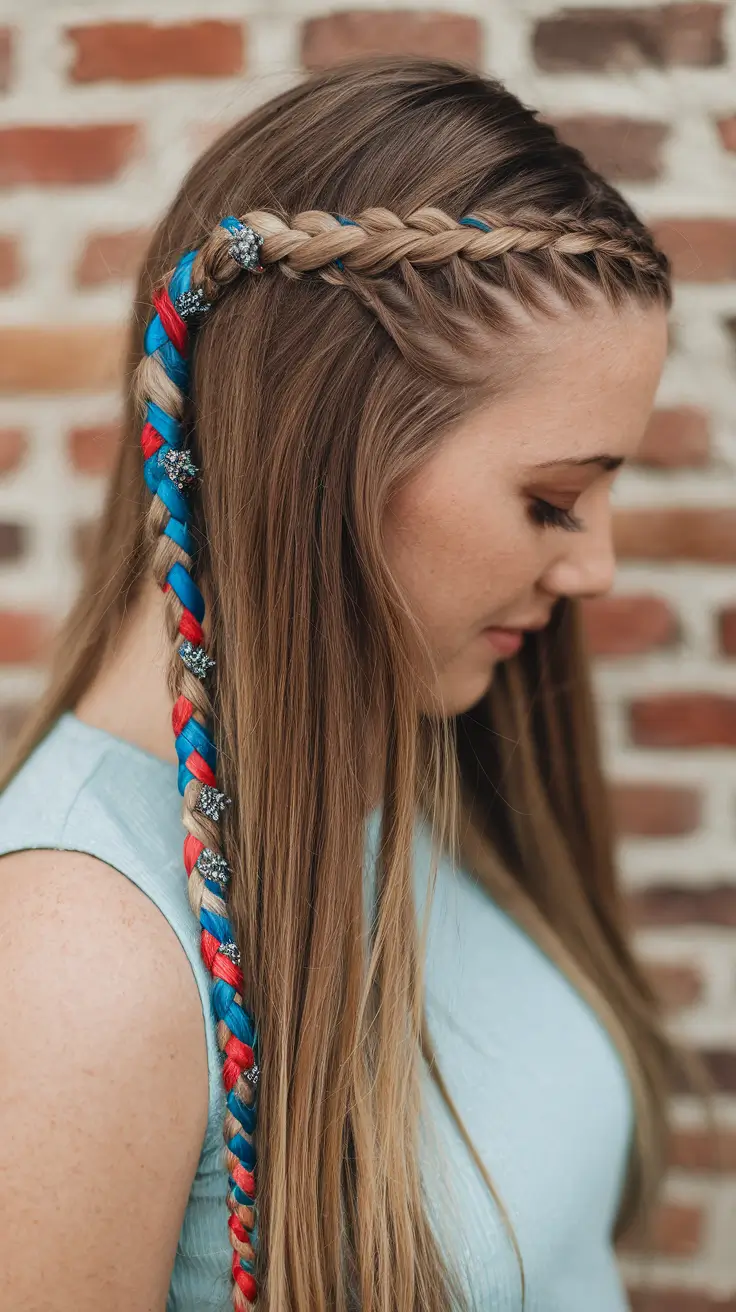 cute and easy hairstyles for fourth of july Side Rope Braid with Ribbon Weave