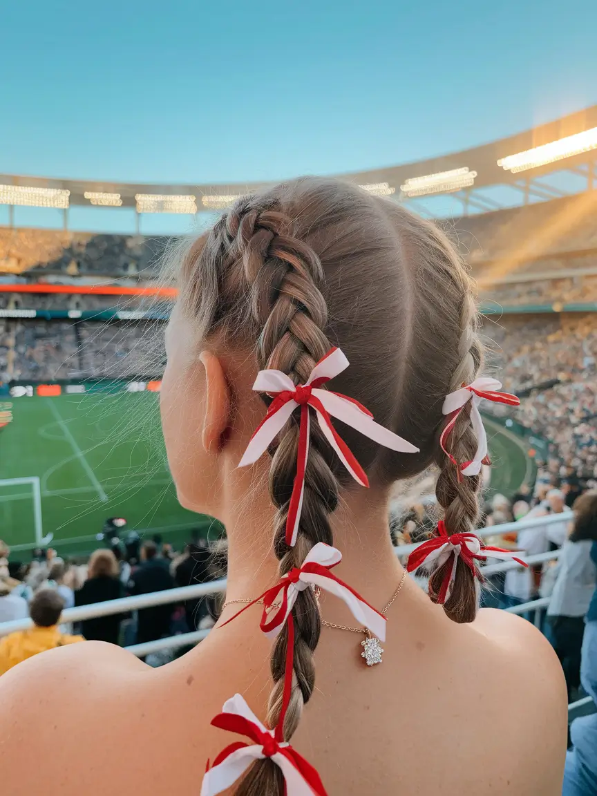 Easy & Cute July Hairstyles for 2025 - Ribbon-Wrapped Dutch Braids for Game Days
