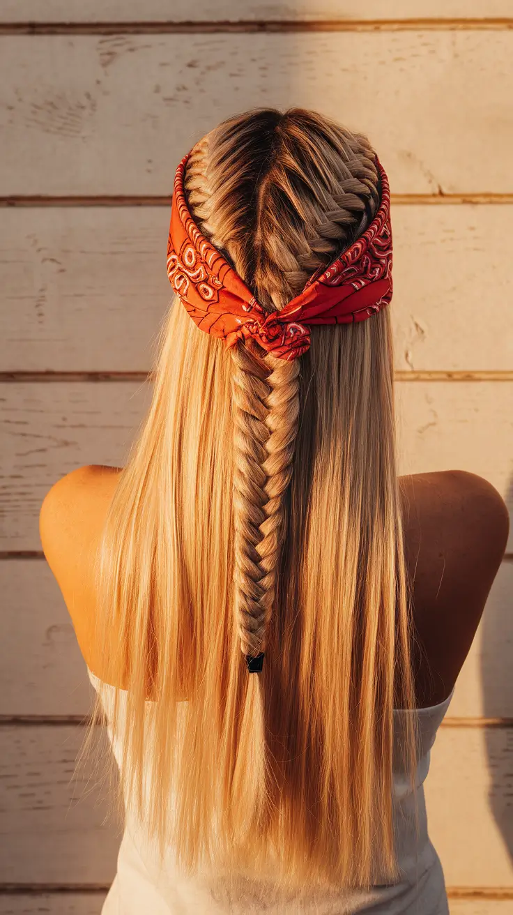Easy & Cute July Hairstyles for 2025 - Bandana-Wrapped Fishtail for Golden Hour