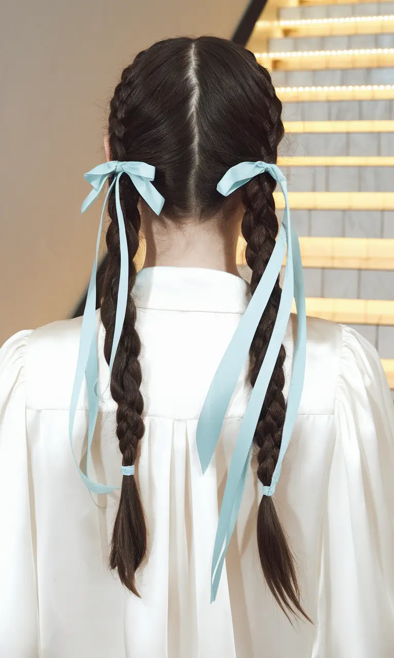 summer hairstyles teen girl Double Braids with Pastel Ribbon Drama