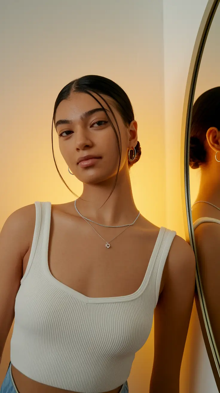 summer hairstyles teen girl Sleek Center-Parted Bun with Floating Tendrils