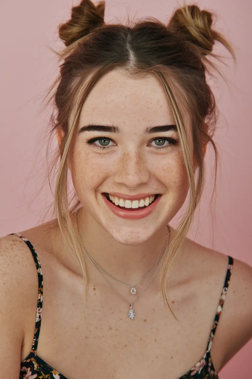summer hairstyles teen girl Space Buns with Freckled Joy