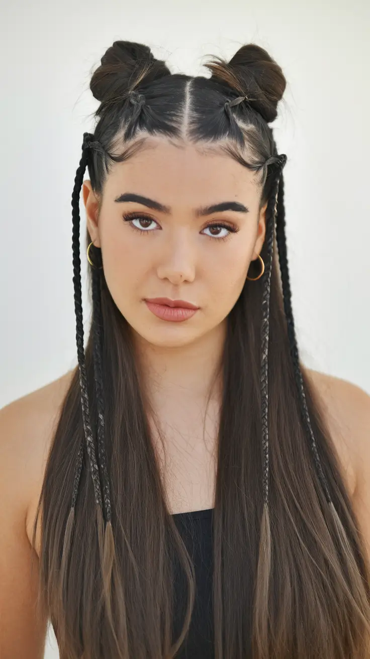 black teen girl hairstyles summer Modern Space Buns with Tribal-Inspired Braids