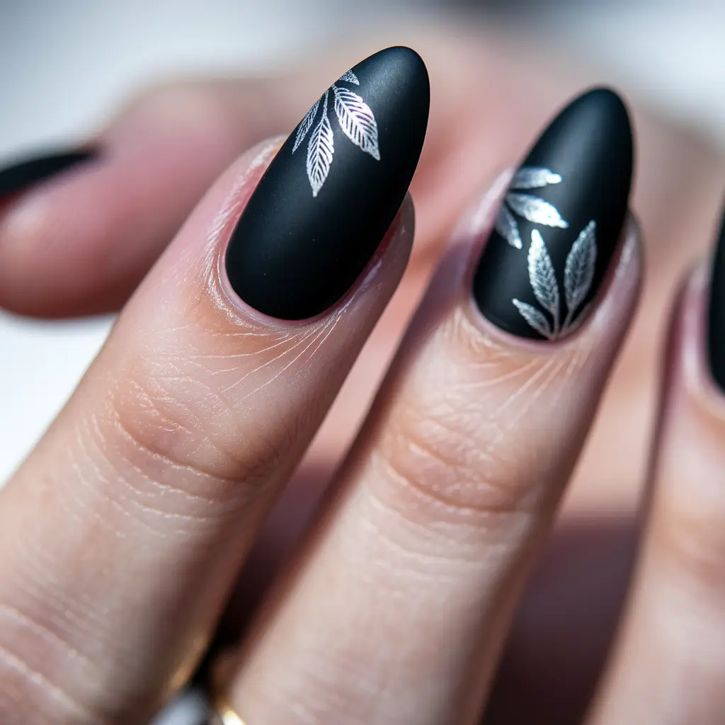cute summer nails ideas 2025 Silver Leaves on Matte Black Almond