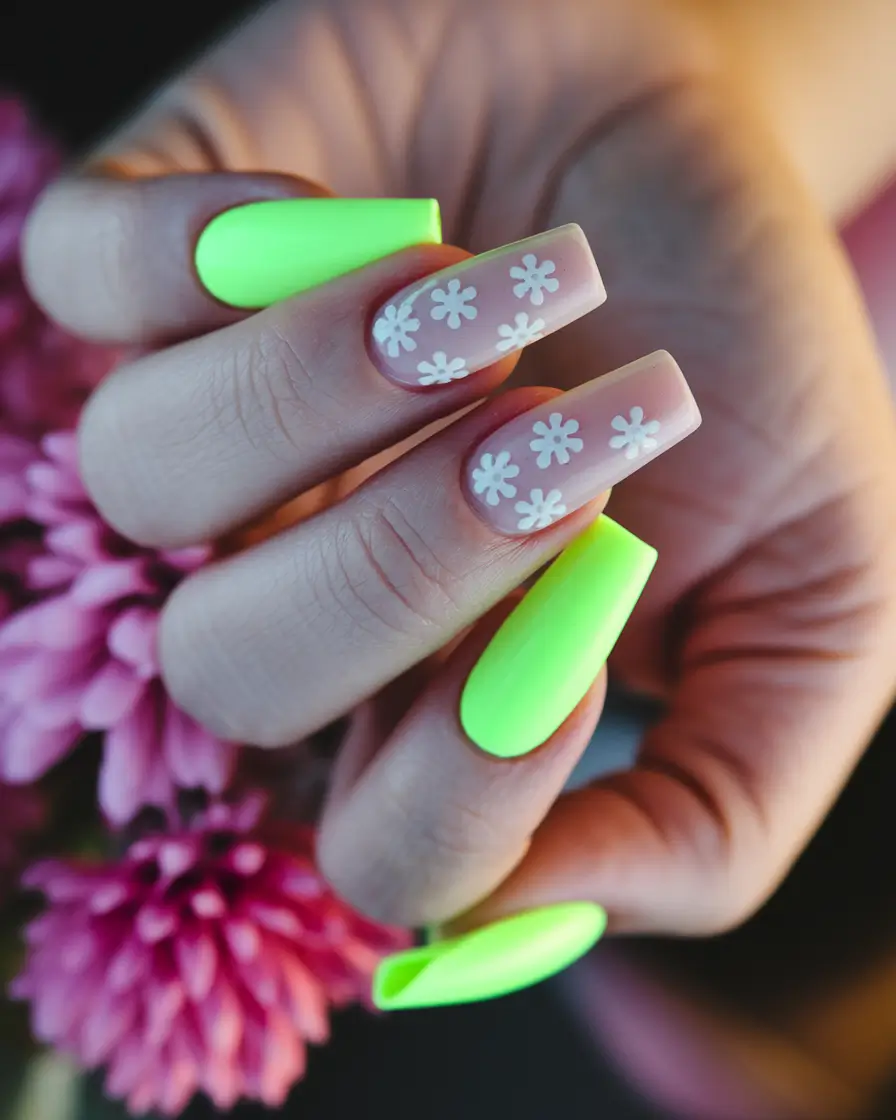 cute summer nails ideas 2025 Lime Glow and Daisies Combo