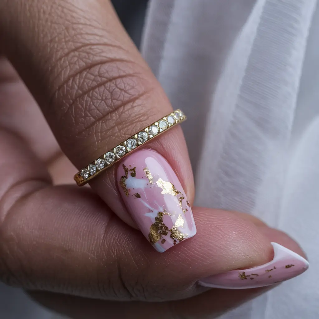 cute summer nails ideas 2025 Soft Marble and Gold Foil Accents